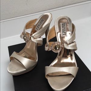 Badgley Mischka jeweled ivory satin heels